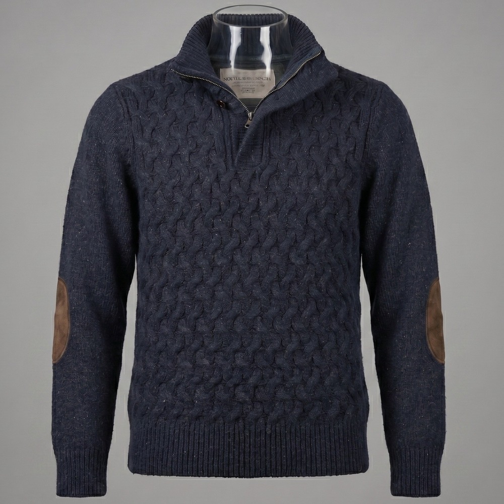 Rocha John Rocha Mens M Navy Blue Sweater Quarter‎ Zip Toggle Cable Knit Patches